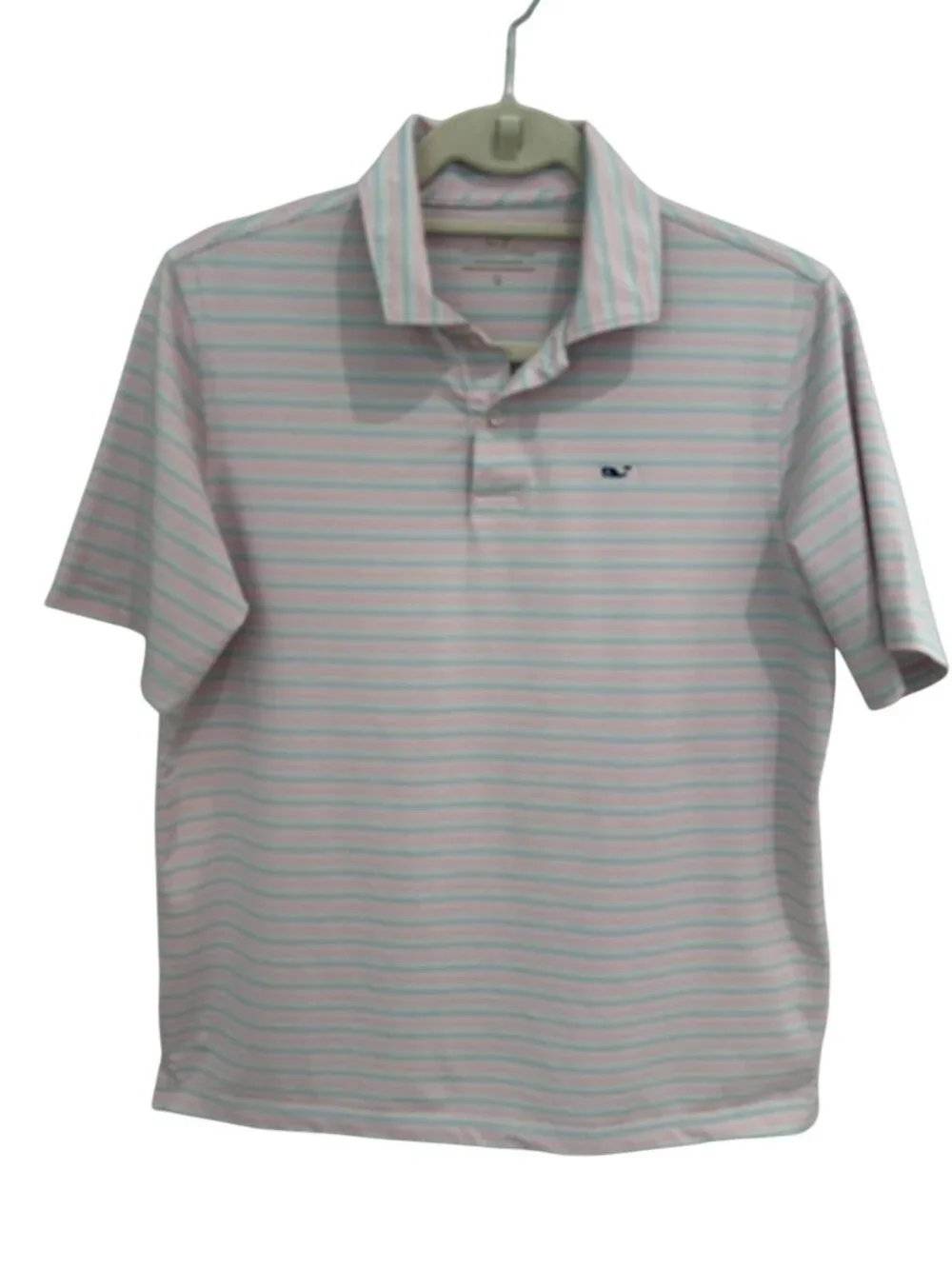 Vineyard Vines Boys XL 18 Performance Polo Shirt Pink Blue Striped Short Sleeve